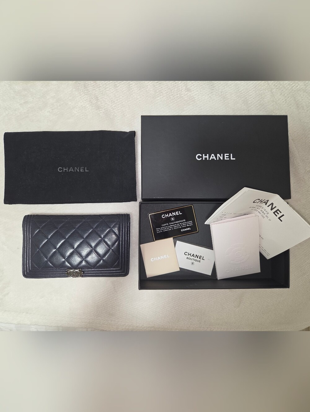Authentic CHANEL Quilted Leather Boy Continental Wallet Silver Logo Limited Ed.